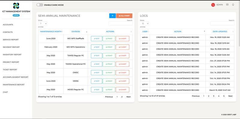 ICT Management System: semi-annual maintenance table and the change log